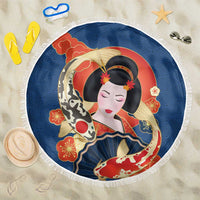 Japanese Geisha Koi Fish Beach Blanket Cherry Blossoms Blue Seigaiha Pattern - Wonder Print Shop