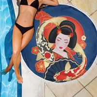 Japanese Geisha Koi Fish Beach Blanket Cherry Blossoms Blue Seigaiha Pattern - Wonder Print Shop