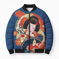 Japanese Geisha Koi Fish Bomber Puffer Jacket Cherry Blossoms Blue Seigaiha Pattern - Wonder Print Shop