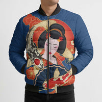 Japanese Geisha Koi Fish Bomber Puffer Jacket Cherry Blossoms Blue Seigaiha Pattern - Wonder Print Shop