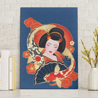 Japanese Geisha Koi Fish Canvas Wall Art Cherry Blossoms Blue Seigaiha Pattern - Wonder Print Shop