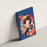 Japanese Geisha Koi Fish Canvas Wall Art Cherry Blossoms Blue Seigaiha Pattern - Wonder Print Shop