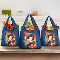 Japanese Geisha Koi Fish Grocery Bag Cherry Blossoms Blue Seigaiha Pattern - Wonder Print Shop