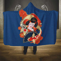 Japanese Geisha Koi Fish Hooded Blanket Cherry Blossoms Blue Seigaiha Pattern - Wonder Print Shop