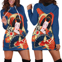 Japanese Geisha Koi Fish Hoodie Dress Cherry Blossoms Blue Seigaiha Pattern - Wonder Print Shop