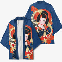 Japanese Geisha Koi Fish Kimono Cherry Blossoms Blue Seigaiha Pattern - Wonder Print Shop