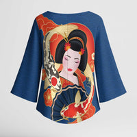 Japanese Geisha Koi Fish Kimono Sleeve Blouse Cherry Blossoms Blue Seigaiha Pattern - Wonder Print Shop