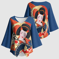Japanese Geisha Koi Fish Kimono Sleeve Blouse Cherry Blossoms Blue Seigaiha Pattern - Wonder Print Shop