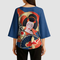Japanese Geisha Koi Fish Kimono Sleeve Blouse Cherry Blossoms Blue Seigaiha Pattern - Wonder Print Shop