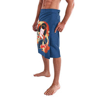 Japanese Geisha Koi Fish Lavalava Cherry Blossoms Blue Seigaiha Pattern - Wonder Print Shop