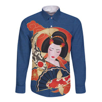 Japanese Geisha Koi Fish Long Sleeve Button Shirt Cherry Blossoms Blue Seigaiha Pattern - Wonder Print Shop
