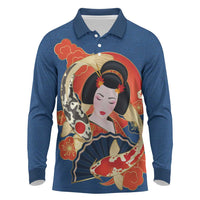 Japanese Geisha Koi Fish Long Sleeve Polo Shirt Cherry Blossoms Blue Seigaiha Pattern - Wonder Print Shop