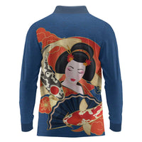 Japanese Geisha Koi Fish Long Sleeve Polo Shirt Cherry Blossoms Blue Seigaiha Pattern - Wonder Print Shop