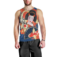 Japanese Geisha Koi Fish Men Tank Top Cherry Blossoms Blue Seigaiha Pattern - Wonder Print Shop