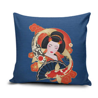 Japanese Geisha Koi Fish Pillow Cover Cherry Blossoms Blue Seigaiha Pattern - Wonder Print Shop