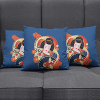 Japanese Geisha Koi Fish Pillow Cover Cherry Blossoms Blue Seigaiha Pattern - Wonder Print Shop