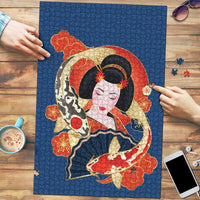 Japanese Geisha Koi Fish Puzzle Cherry Blossoms Blue Seigaiha Pattern - Wonder Print Shop