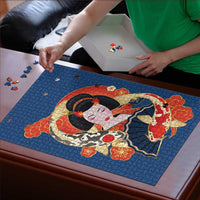 Japanese Geisha Koi Fish Puzzle Cherry Blossoms Blue Seigaiha Pattern - Wonder Print Shop