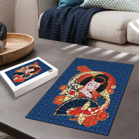 Japanese Geisha Koi Fish Puzzle Cherry Blossoms Blue Seigaiha Pattern - Wonder Print Shop