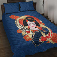 Japanese Geisha Koi Fish Quilt Bed Set Cherry Blossoms Blue Seigaiha Pattern - Wonder Print Shop