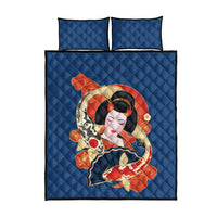 Japanese Geisha Koi Fish Quilt Bed Set Cherry Blossoms Blue Seigaiha Pattern - Wonder Print Shop