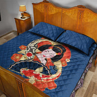 Japanese Geisha Koi Fish Quilt Bed Set Cherry Blossoms Blue Seigaiha Pattern - Wonder Print Shop