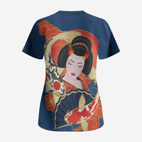 Japanese Geisha Koi Fish Scrub Top Cherry Blossoms Blue Seigaiha Pattern - Wonder Print Shop