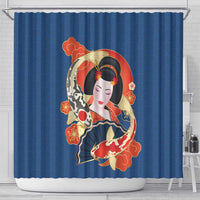 Japanese Geisha Koi Fish Shower Curtain Cherry Blossoms Blue Seigaiha Pattern - Wonder Print Shop