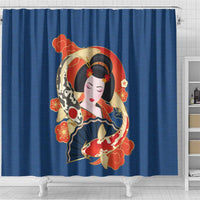 Japanese Geisha Koi Fish Shower Curtain Cherry Blossoms Blue Seigaiha Pattern - Wonder Print Shop