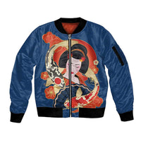 Japanese Geisha Koi Fish Sleeve Zip Bomber Jacket Cherry Blossoms Blue Seigaiha Pattern - Wonder Print Shop