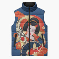Japanese Geisha Koi Fish Sleeveless Puffer Jacket Cherry Blossoms Blue Seigaiha Pattern - Wonder Print Shop