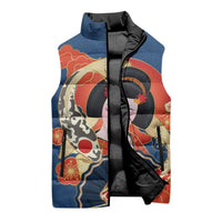 Japanese Geisha Koi Fish Sleeveless Puffer Jacket Cherry Blossoms Blue Seigaiha Pattern - Wonder Print Shop
