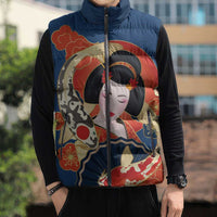 Japanese Geisha Koi Fish Sleeveless Puffer Jacket Cherry Blossoms Blue Seigaiha Pattern - Wonder Print Shop