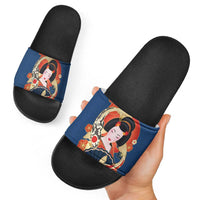 Japanese Geisha Koi Fish Slide Sandals Cherry Blossoms Blue Seigaiha Pattern - Wonder Print Shop
