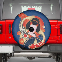 Japanese Geisha Koi Fish Spare Tire Cover Cherry Blossoms Blue Seigaiha Pattern - Wonder Print Shop