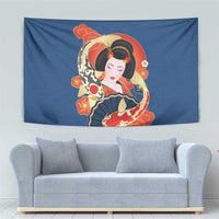 Japanese Geisha Koi Fish Tapestry Cherry Blossoms Blue Seigaiha Pattern - Wonder Print Shop