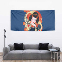 Japanese Geisha Koi Fish Tapestry Cherry Blossoms Blue Seigaiha Pattern - Wonder Print Shop