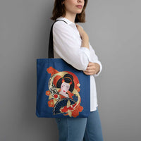 Japanese Geisha Koi Fish Tote Bag Cherry Blossoms Blue Seigaiha Pattern - Wonder Print Shop