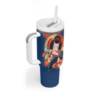Japanese Geisha Koi Fish Tumbler With Handle Cherry Blossoms Blue Seigaiha Pattern - Wonder Print Shop