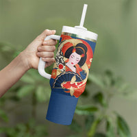 Japanese Geisha Koi Fish Tumbler With Handle Cherry Blossoms Blue Seigaiha Pattern - Wonder Print Shop