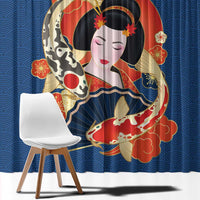 Japanese Geisha Koi Fish Window Curtain Cherry Blossoms Blue Seigaiha Pattern - Wonder Print Shop