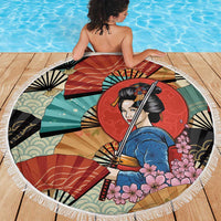 Japanese Geisha Katana Beach Blanket Japan Sensu Seigaiha Pattern - Wonder Print Shop
