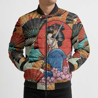 Japanese Geisha Katana Bomber Puffer Jacket Japan Sensu Seigaiha Pattern - Wonder Print Shop