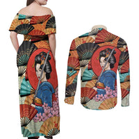 Japanese Geisha Katana Couples Matching Off Shoulder Maxi Dress and Long Sleeve Button Shirt Japan Sensu Seigaiha Pattern - Wonder Print Shop