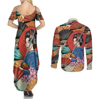 Japanese Geisha Katana Couples Matching Summer Maxi Dress and Long Sleeve Button Shirt Japan Sensu Seigaiha Pattern - Wonder Print Shop