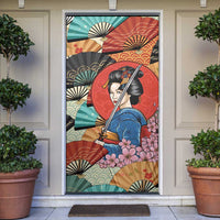 Japanese Geisha Katana Door Cover Japan Sensu Seigaiha Pattern - Wonder Print Shop