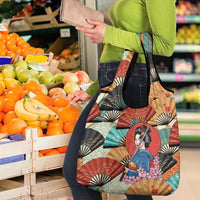 Japanese Geisha Katana Grocery Bag Japan Sensu Seigaiha Pattern - Wonder Print Shop