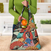 Japanese Geisha Katana Grocery Bag Japan Sensu Seigaiha Pattern - Wonder Print Shop