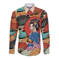 Japanese Geisha Katana Long Sleeve Button Shirt Japan Sensu Seigaiha Pattern - Wonder Print Shop