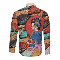 Japanese Geisha Katana Long Sleeve Button Shirt Japan Sensu Seigaiha Pattern - Wonder Print Shop